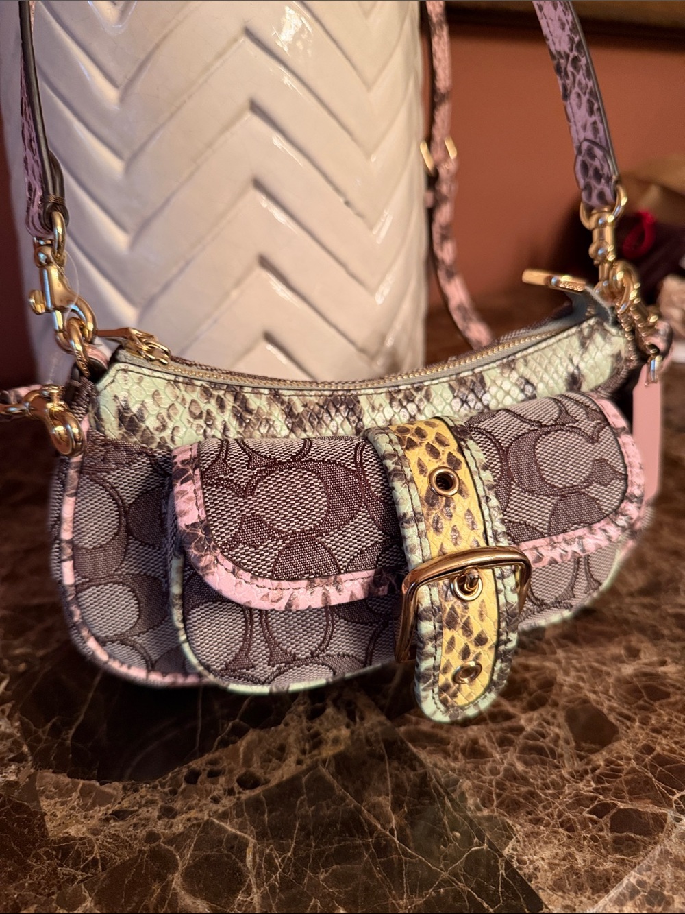 Coach NWT Ashton Mini Crescent Shoulder Bag in Pink, Cream & Yellow Snake-Print - Picture 8 of 16